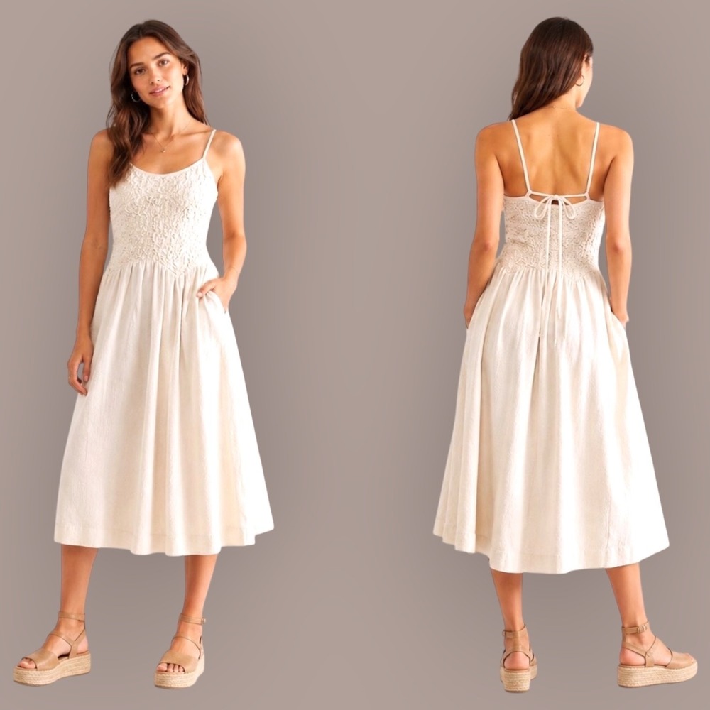 Free People Endless Summer Ivory‎ 100% Cotton Smocked Midi Dress Large Pockets